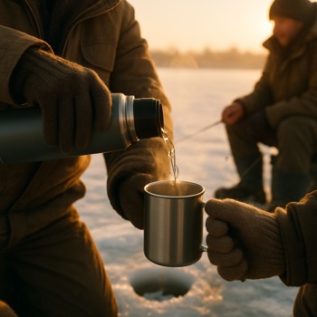 Angler pouring a hot drink for a friend on the frozen lake
