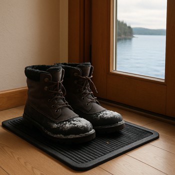 Winter boots drying on a mat near the door after a lake trip