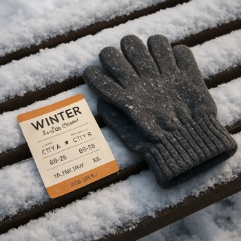 Winter train ticket and gloves resting on a snowy bench