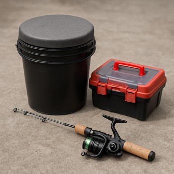 Bucket seat, compact tackle box and folded ice rod prepared for the trip