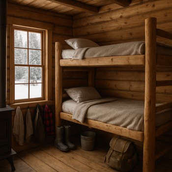 Bunk beds in a simple winter cabin with gear hanging on hooks