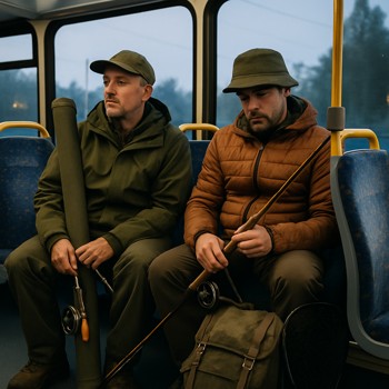 Two anglers sitting in early morning bus seats with gear by their feet