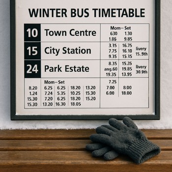 Winter bus timetable above a bench with gloves resting on it