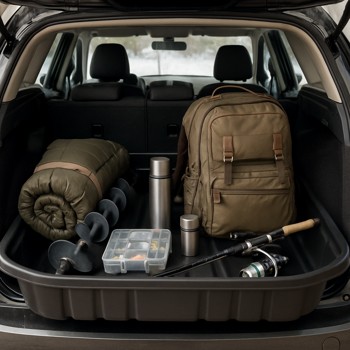 Car boot neatly packed with winter fishing sled and backpack