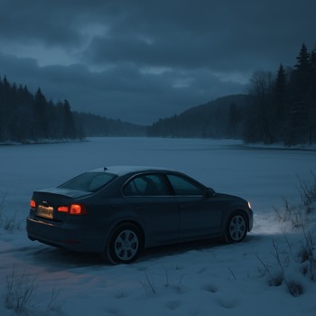 Car parked at the snowy edge of a frozen lake at twilight