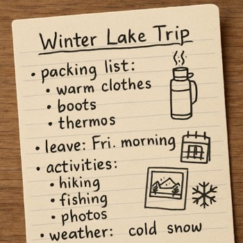 Chat and handwritten notes about a planned winter lake trip