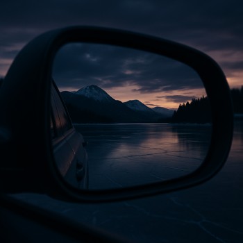 Frozen lake reflected in a car side mirror at dusk