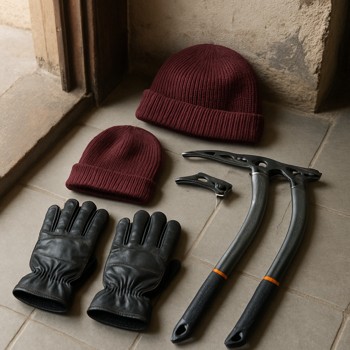 Gloves, hat and ice picks neatly arranged by a doorway