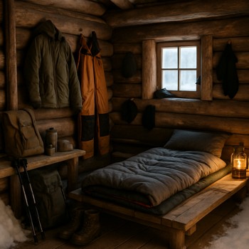 Inside view of a winter shelter with organised gear