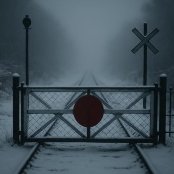 Closed gate at a snowy level crossing with tracks disappearing into fog