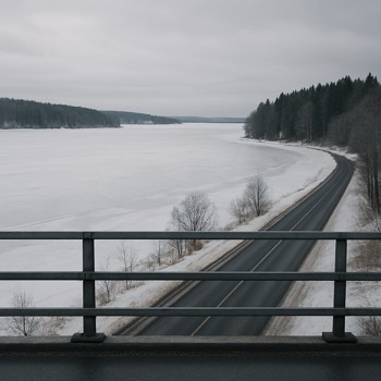 Frozen lake coastline seen from a bridge above a quiet road