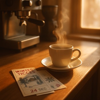Coffee counter with winter tickets and a small steaming cup