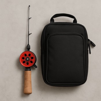 Compact ice rod and reel packed next to a small gear bag