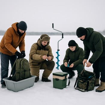 Group of winter anglers preparing gear together on the snow