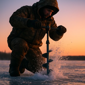 Angler drilling an ice hole at dawn with pale orange light on the horizon