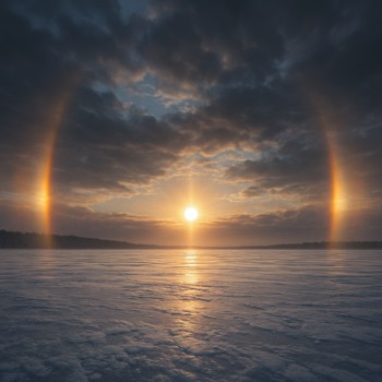 Bright sun dogs above a wide frozen lake in deep winter