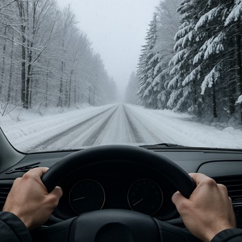 Driver’s hands on a steering wheel with a snowy winter road ahead