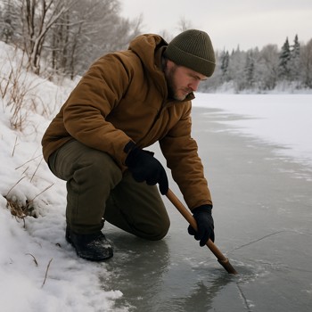 Angler testing early ice thickness close to a snowy shoreline