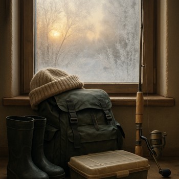 Early morning frost on a window above packed winter fishing gear