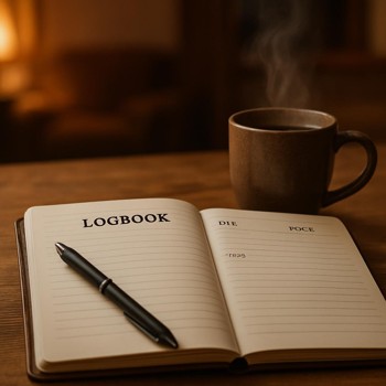 Empty logbook with a pen and a steaming mug on a table
