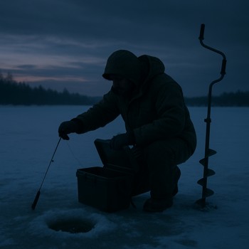 Angler packing up near an ice hole under a dim evening sky