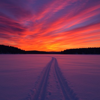 Evening sky above snow tracks leading back from a frozen lake