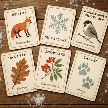 Field guide cards scattered on a wooden winter table