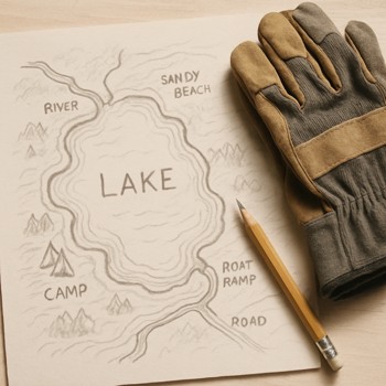 Rough hand-drawn lake map with a pencil and folded gloves