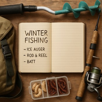 Open notebook with winter fishing notes next to packed gear on a table