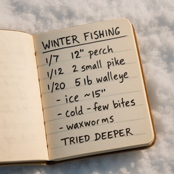 Closeup of handwritten winter fishing notes in a small log book