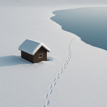Footprints leading from a small winter cabin toward a frozen lake