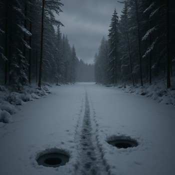 Narrow forest bay with a single track leading to drilled ice holes