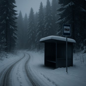 Winter bus stop next to a snow track leading into a forest