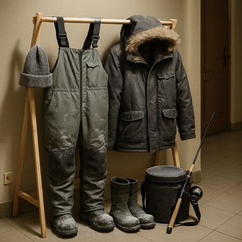 Winter fishing gear hanging on a simple drying rack in a corridor