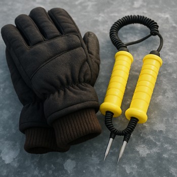 Thick winter gloves placed next to bright ice safety picks