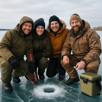 Small group of winter anglers smiling together on clear ice