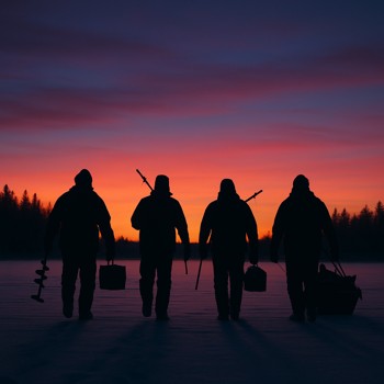 Group of anglers walking off a frozen lake toward the tree line