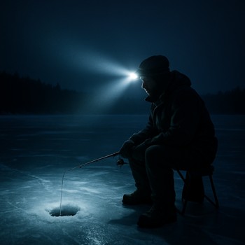 Headlamp beam cutting through night air above a frozen lake