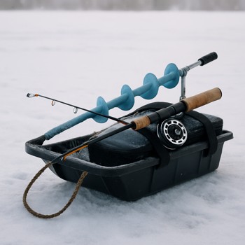 Heavier ice rod strapped to a small sled with sturdy gear