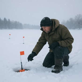 Ice angler checking tip-up flags in fresh snow