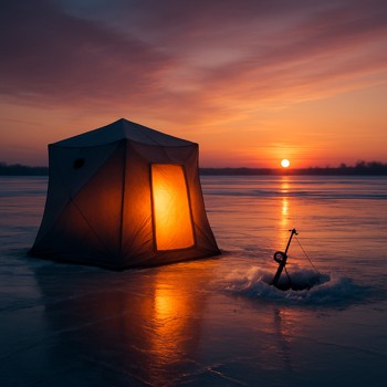 Small ice shelter glowing at sunrise on a frozen lake