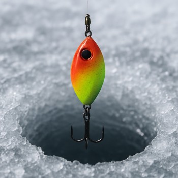 Bright winter lure hanging above a clean ice hole
