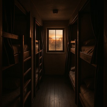Narrow hostel corridor with dawn light entering through a window