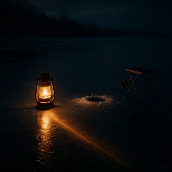 Lantern casting a warm trail of light across dark, glossy ice at night