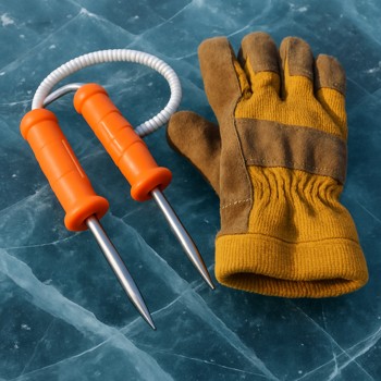 Ice safety picks and thick gloves resting on clear blue ice
