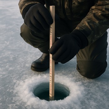 Angler holding a measuring stick next to a clean ice hole