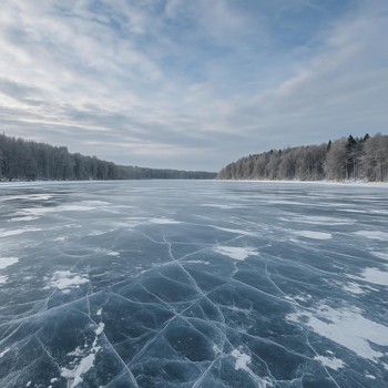 Panoramic view of a frozen lake composed from several stitched photos