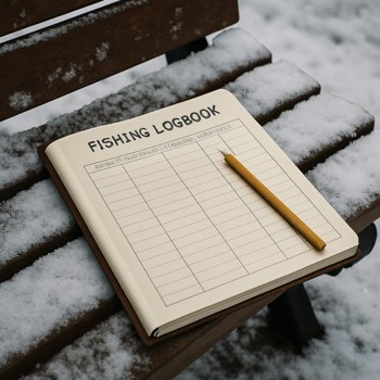 Fishing logbook and pencil resting on a snowy wooden bench