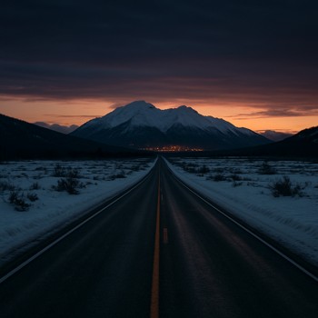 Long winter road with distant mountain lights at dusk
