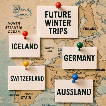 Map board with pins and small cards marking possible future winter trips